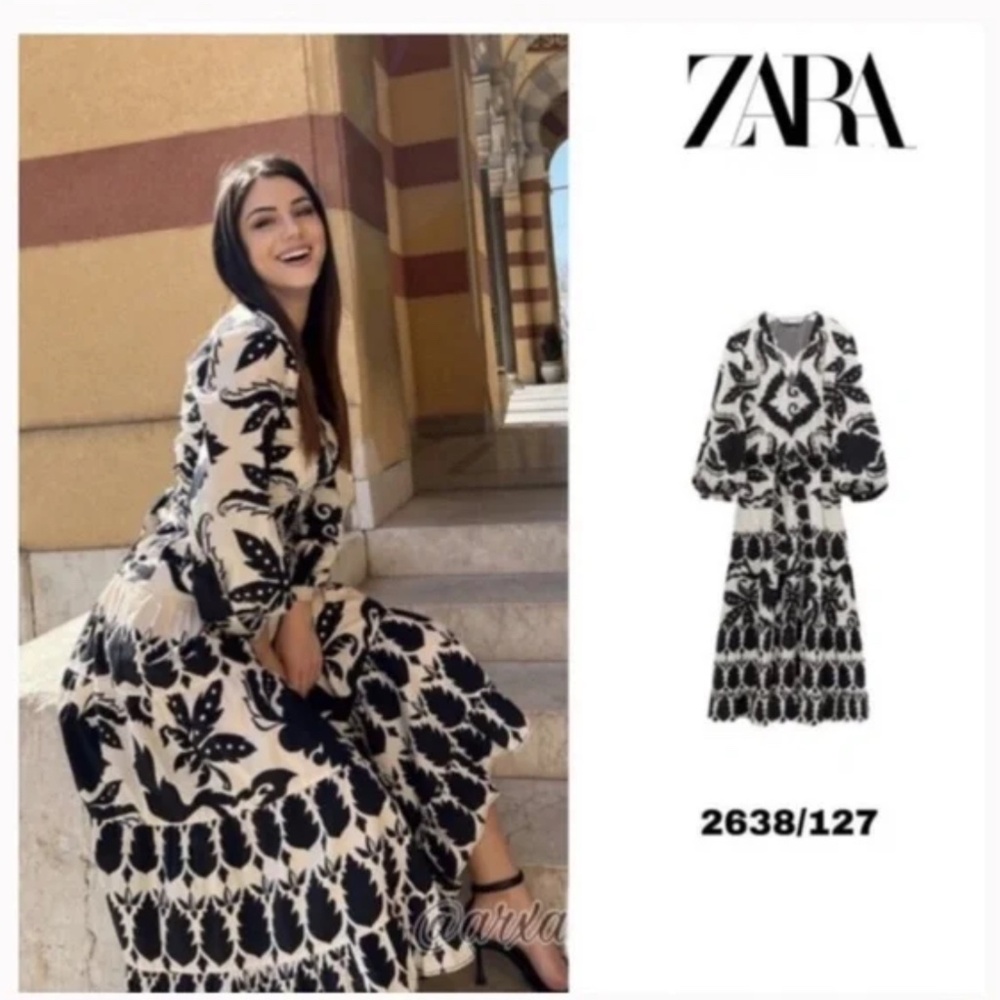 Zara Belted Tribal Poplin Flounce Maxi Dress Black White size XS